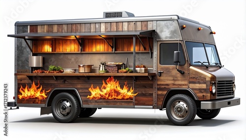 Food truck parked on the street selling delicious meals with flames painted on the side, creating a vibrant and energetic atmosphere.