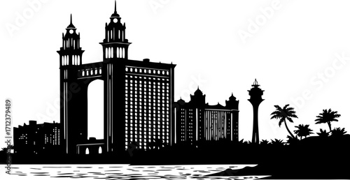 High resolution black and white city skyline silhouette with detailed architectural elements