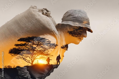 Silhouette of Worker with Nature and Sunset Double Exposure Effect