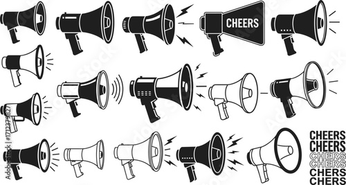 Vector collection of megaphone icons, loudspeaker symbol set, black and white communication design, retro announcement illustration, message broadcast elements