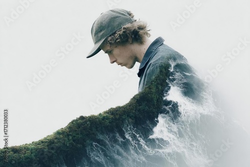 Surreal Double Exposure of Man Contemplating Ocean Waves and Nature