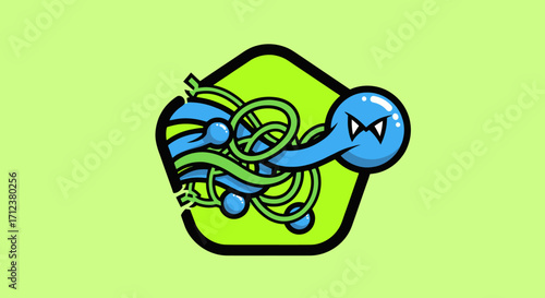 Blue and Green Cartoon Monster with Tentacles.