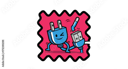 Cartoon blue plug and USB cable with a broken connection.