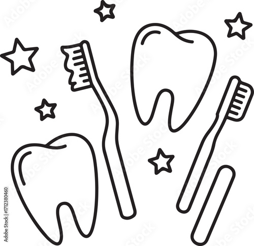 Cartoon Dental Care Icons Silhouette Teeth, Toothbrush, and Stars Black Outline Vector