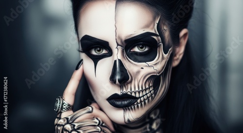 Woman with half skull makeup for halloween or day of the dead celebration