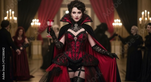Elegant vampire lady in red and black gown holding a goblet of blood