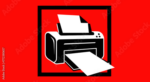 Printer icon illustration printing documents on red background.