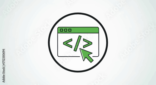 Coding icon with cursor inside a circle representing technology and programming.