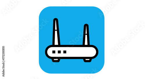 White internet router with two antennas on a blue background.
