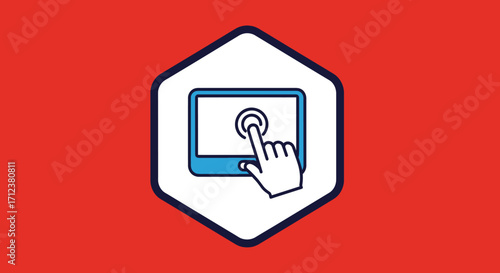 Interactive Touchscreen Device with Hand Gesture in Hexagon Frame.