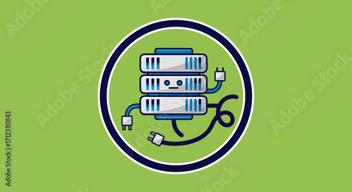 Cute cartoon server rack character with plugs and cables.