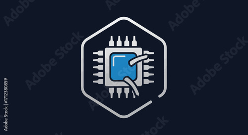 Quantum computing processor chip icon inside a hexagon frame.