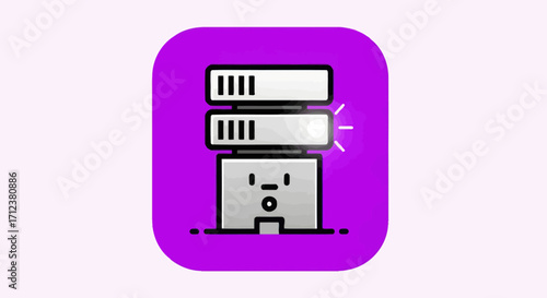 Stylized digital server icon with a friendly face and glowing data elements.