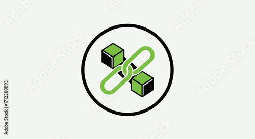 Blockchain technology concept with interconnected blocks and chain symbol.