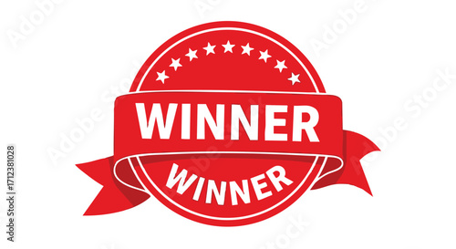Red circular winner badge with ribbon, proclaiming victory and success.