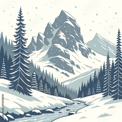 Beautiful winter landscape. Natural scenery with snow capped mountains, rocks, spruce forest and hills with snowdrifts. Wild panorama in cold weather season. Cartoon flat vector .