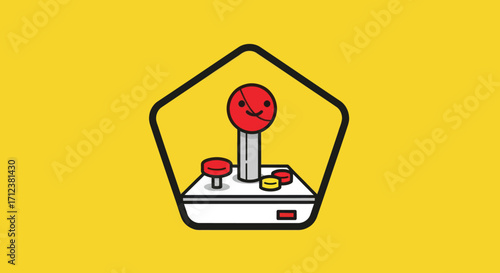 Retro arcade joystick with a happy face for classic video game fun.