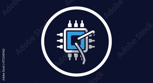 Digital microchip processor icon with a testing probe inside a circle.