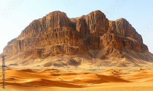 A massive sandstone mountain rises above a vast expanse of ochre desert sands