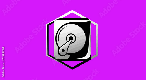 Hard Drive Icon in Hexagon Frame: Data Storage and Technology Symbol.