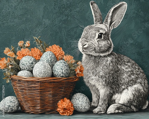 Easter bunny with eggs and flowers