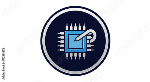 Digital microchip under attack by a cyber hook symbol representing hacking and security breach.