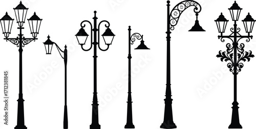 Vintage street lamps, ornate lamp post silhouettes, decorative city lighting, antique lantern poles, elegant outdoor lights, retro streetlight design, traditional urban illumination