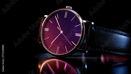Wallpaper Mural A sophisticated wristwatch, featuring a gradient dial in deep purple and pink hues, rests on a dark surface, reflecting the vibrant colors. Torontodigital.ca