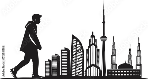 High resolution black and white city skyline silhouette design for graphic projects