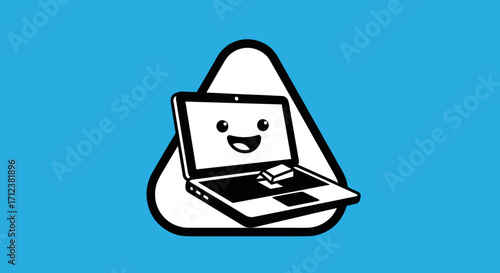 Happy Laptop Computer on White Triangle.