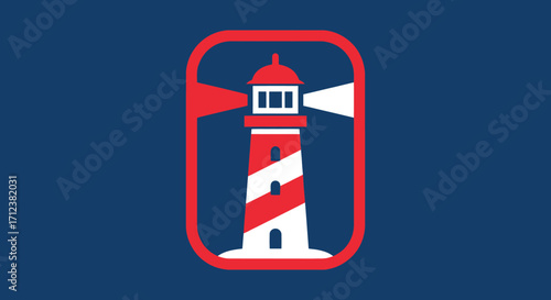 Striped Lighthouse Beacon Tower in Red Frame.