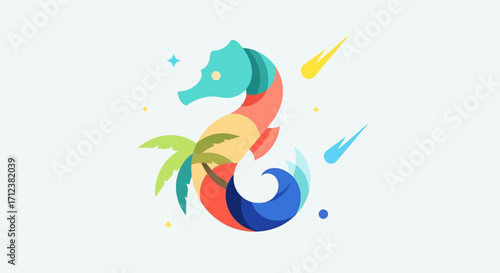 Colorful abstract seahorse with tropical palm tree and wave.