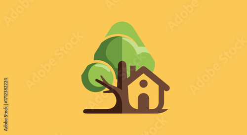 Tree house nestled in a large tree.