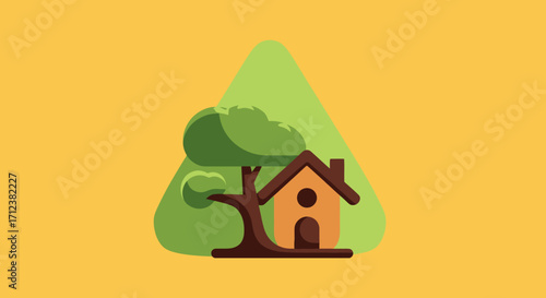 Small house nestled beside a tree symbolizing home and nature.