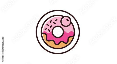 Delicious Pink Frosted Donut with Sprinkles on a Plate.