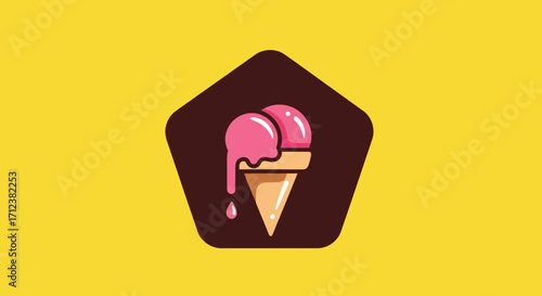 Melting double scoop ice cream cone in a brown pentagon.
