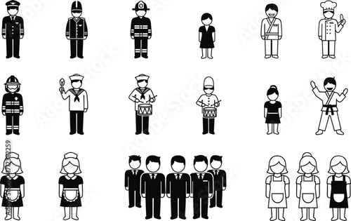 Vector illustration of people professions icons set, worker characters, chef, firefighter, pilot, sailor, maid, businessman, karate, occupation symbols