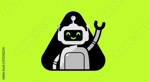 Friendly cartoon robot character waving with a happy face.