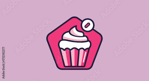 Pink cupcake with white frosting in a pink pentagon.