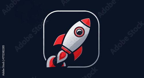 Cartoon rocket ship launching into space icon illustration.