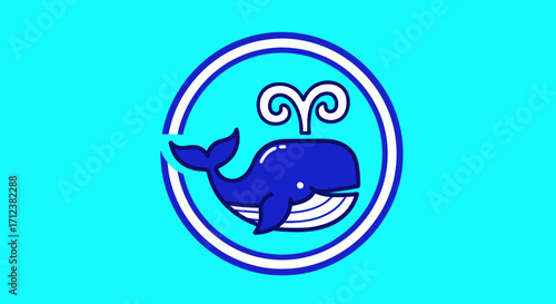 Cartoon blue whale with Aries zodiac symbol spouting water in a circle.