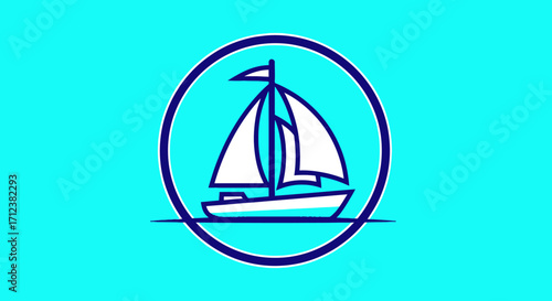 Simple Illustration of a Sailboat in a Circle on a Blue Background.