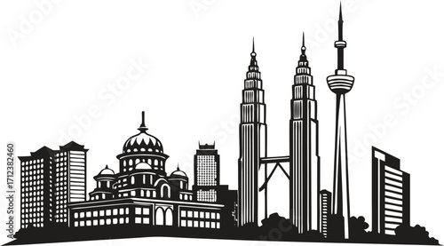High resolution black and white city skyline silhouette design for modern urban projects