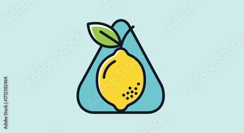 Lemon with a leaf in a blue triangular shape.