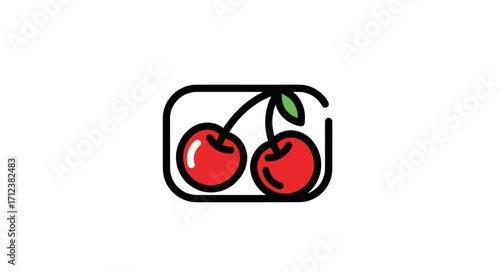 Two vibrant red cherries with green stems in a simple outline.