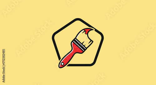 A graphic icon featuring a red paintbrush dipped in paint within a pentagon shape representing art and creativity.