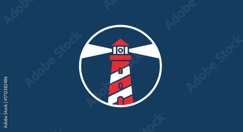 Stylized red and white striped lighthouse icon.