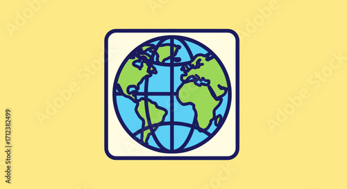 World globe icon representing global connectivity and international relations in a square frame.
