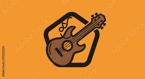 Stylized acoustic electric guitar icon with musical note symbol.