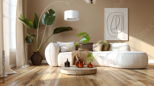 Warm neutral living room with white sofa, wooden floors, and indoor plants in natural sunlight